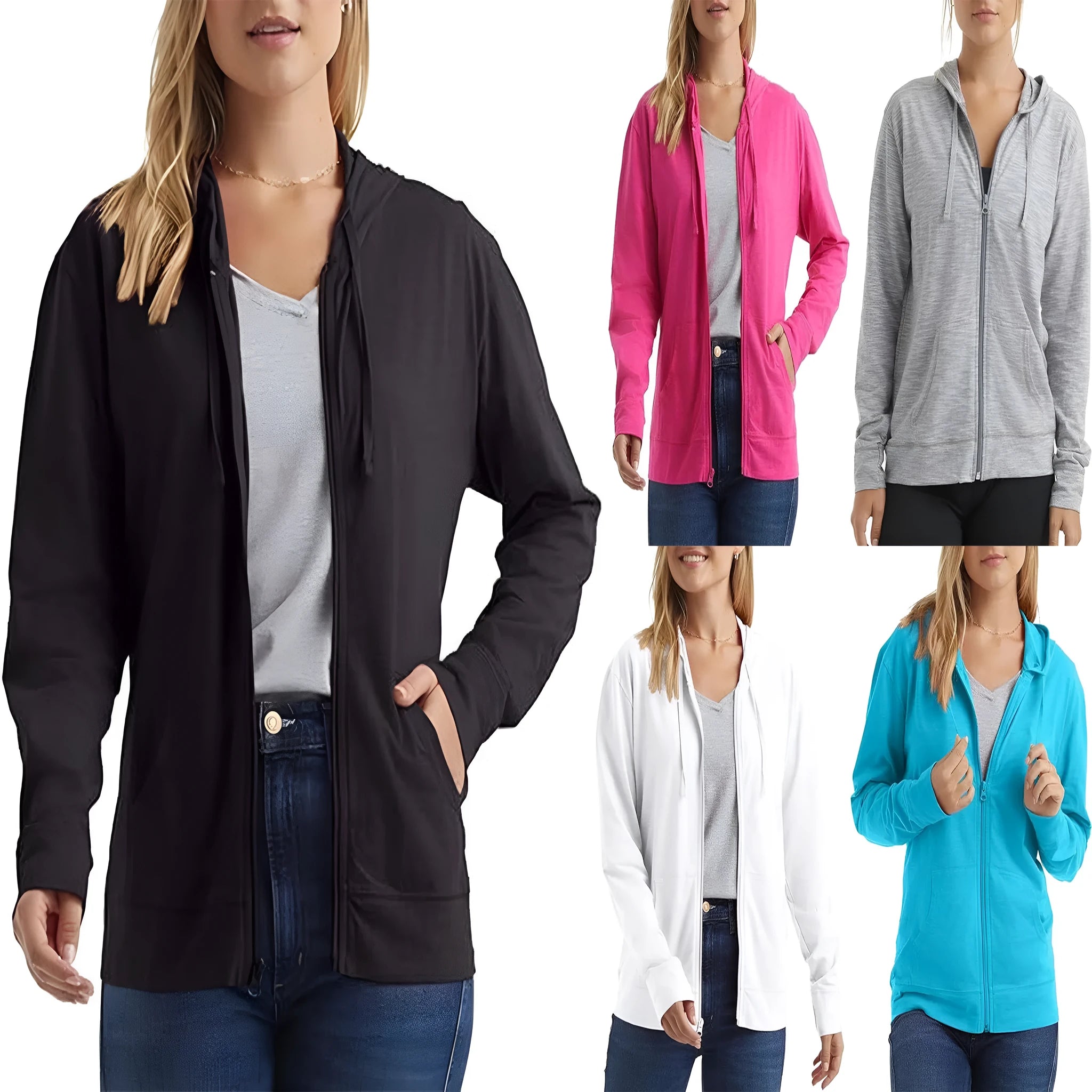 Women's solid colour loose fit pullover hoodie in dark blue, shown front view.