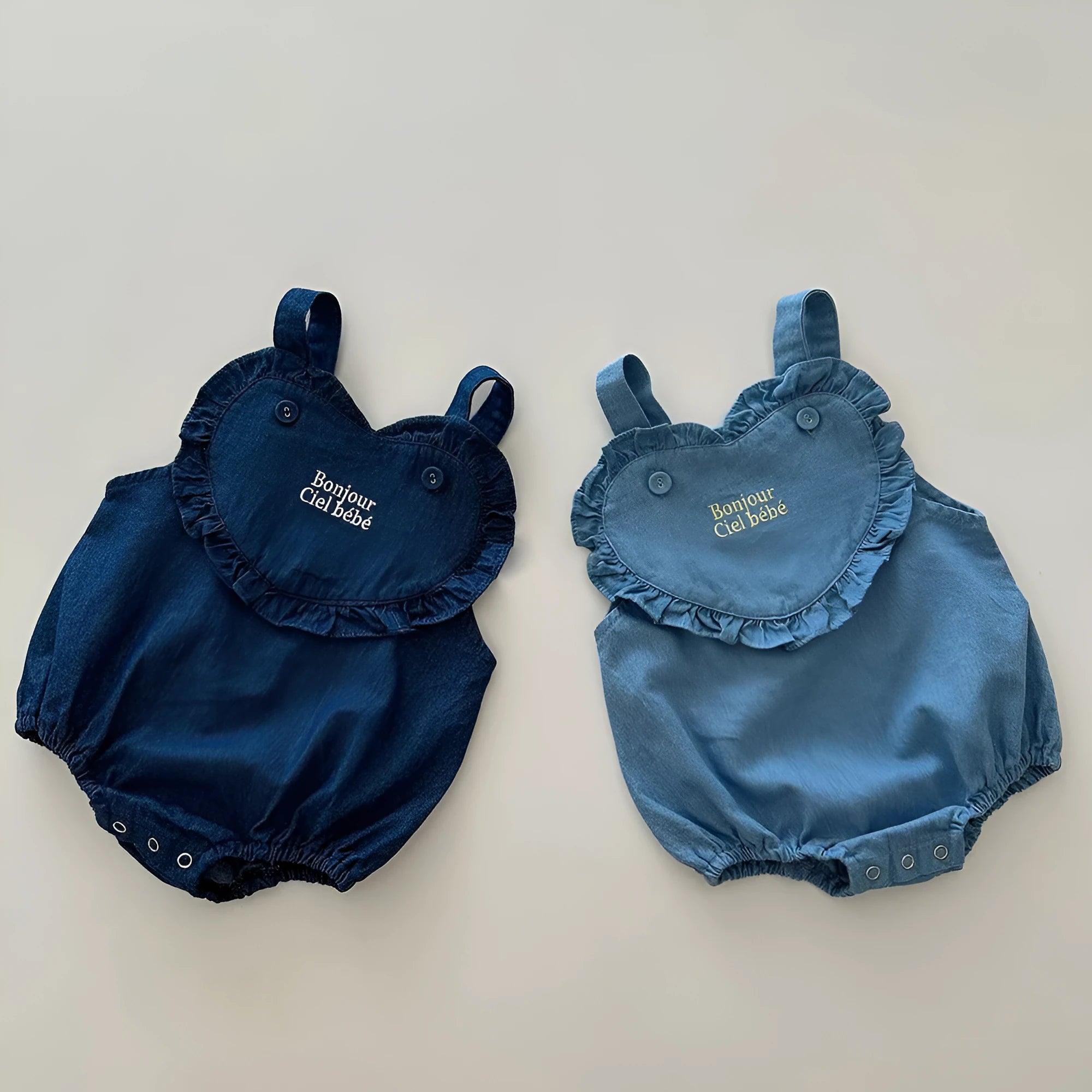 Pure cotton embroidery denim romper for newborn babies, sleeveless pullover, available in dark blue or light blue, size 66cm to 100cm