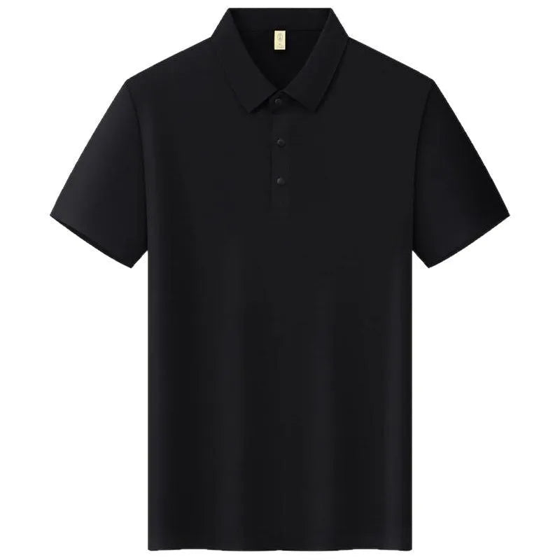 Men's solid colour slim fit short sleeve t-shirt with seamless lapel on a hanger.