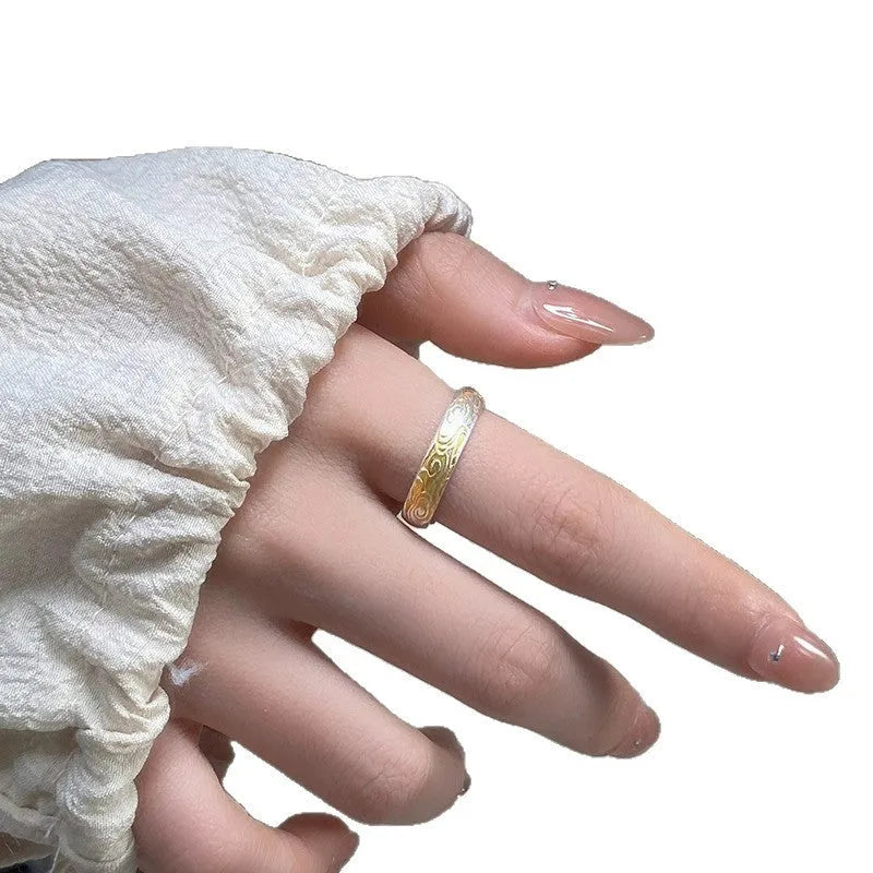 White copper open mouth ring with Xiangyun pattern in electroplated silver gold finish