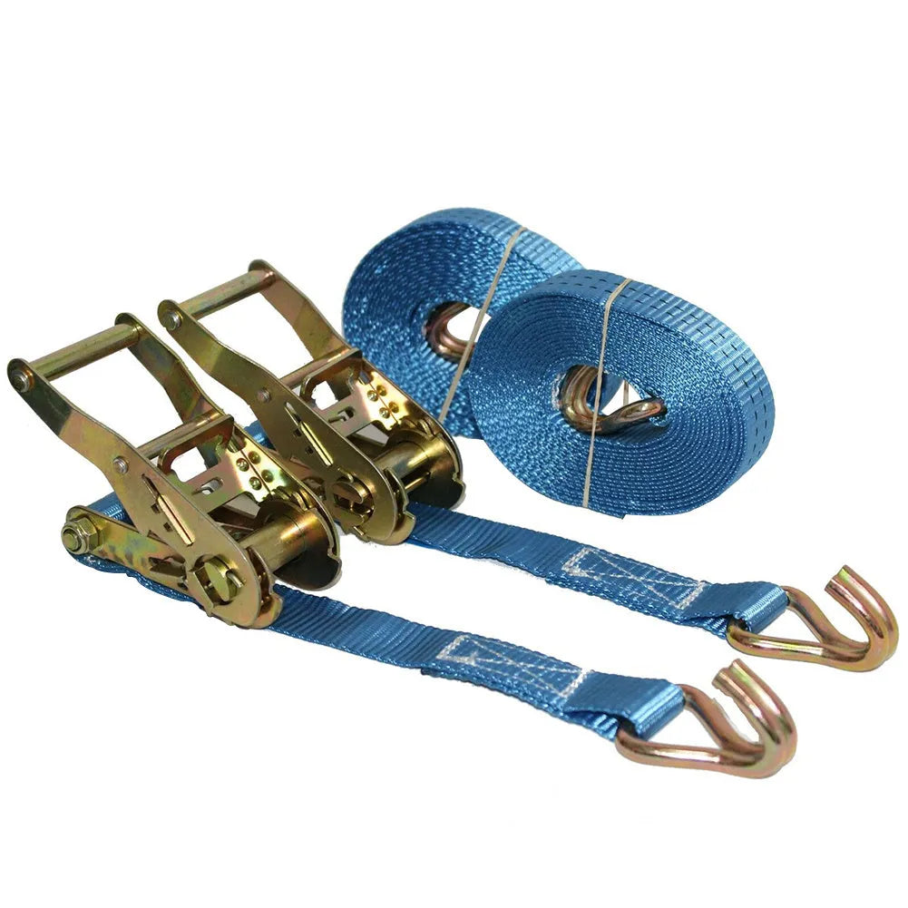 Steel ratchet tensioner strap with double triangular hooks and polyester webbing for furniture transport