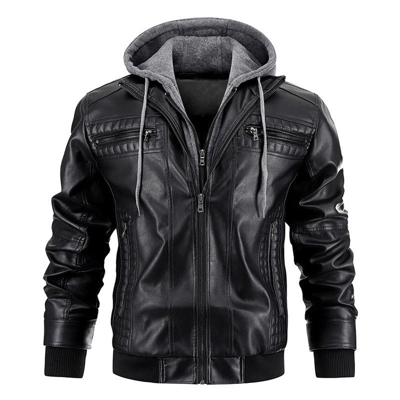 Men's black and brown hooded PU leather jacket with zipper pockets