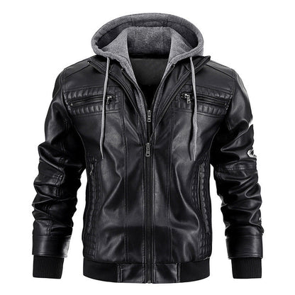 Men's black and brown hooded PU leather jacket with zipper pockets