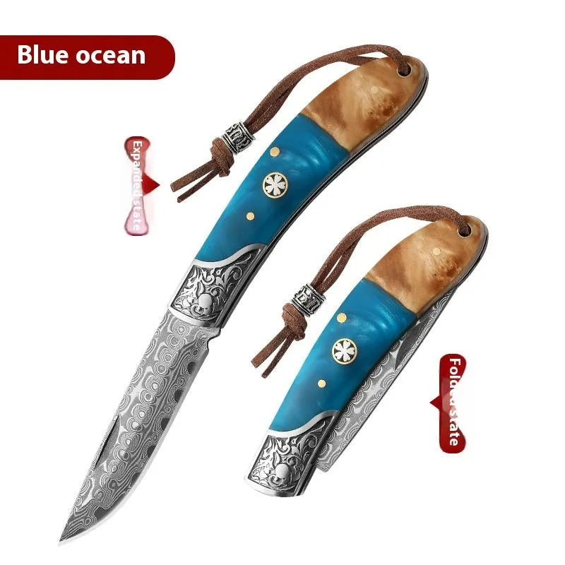 VG10 stainless steel folding knife with national style design in blue or red colour options