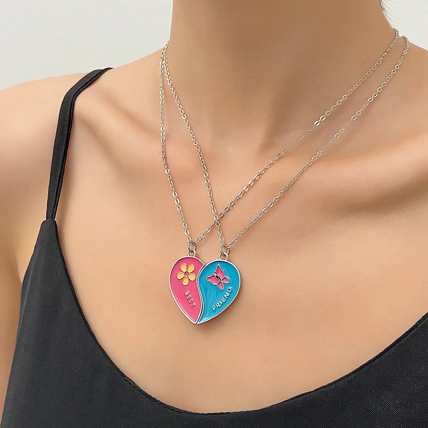 Women's alloy love rainbow necklace with regular chain, electroplated finish, love pendant, available in eleven colours