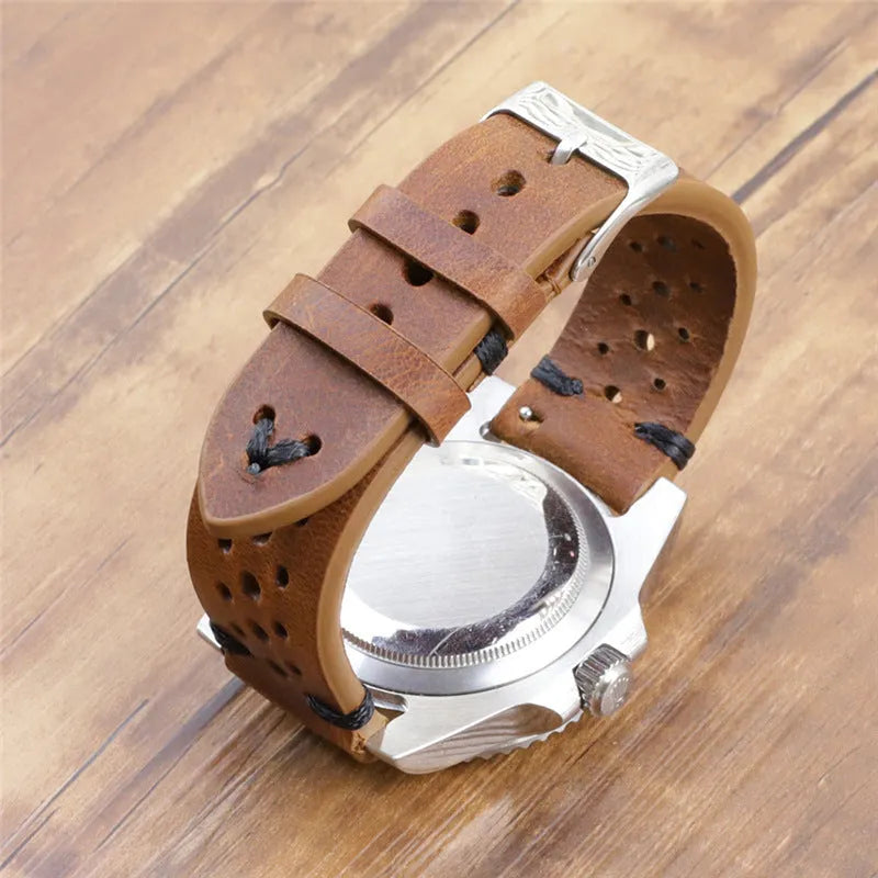 Handmade retro genuine leather watch band in brown with contrast stitching, size 22mm