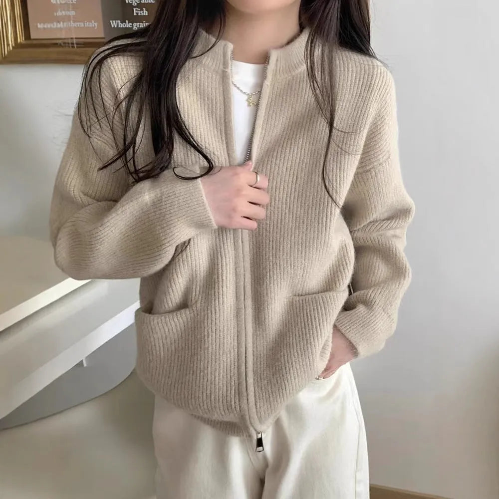 Beige viscose knit cardigan for women with long sleeves, shown open as a layer.