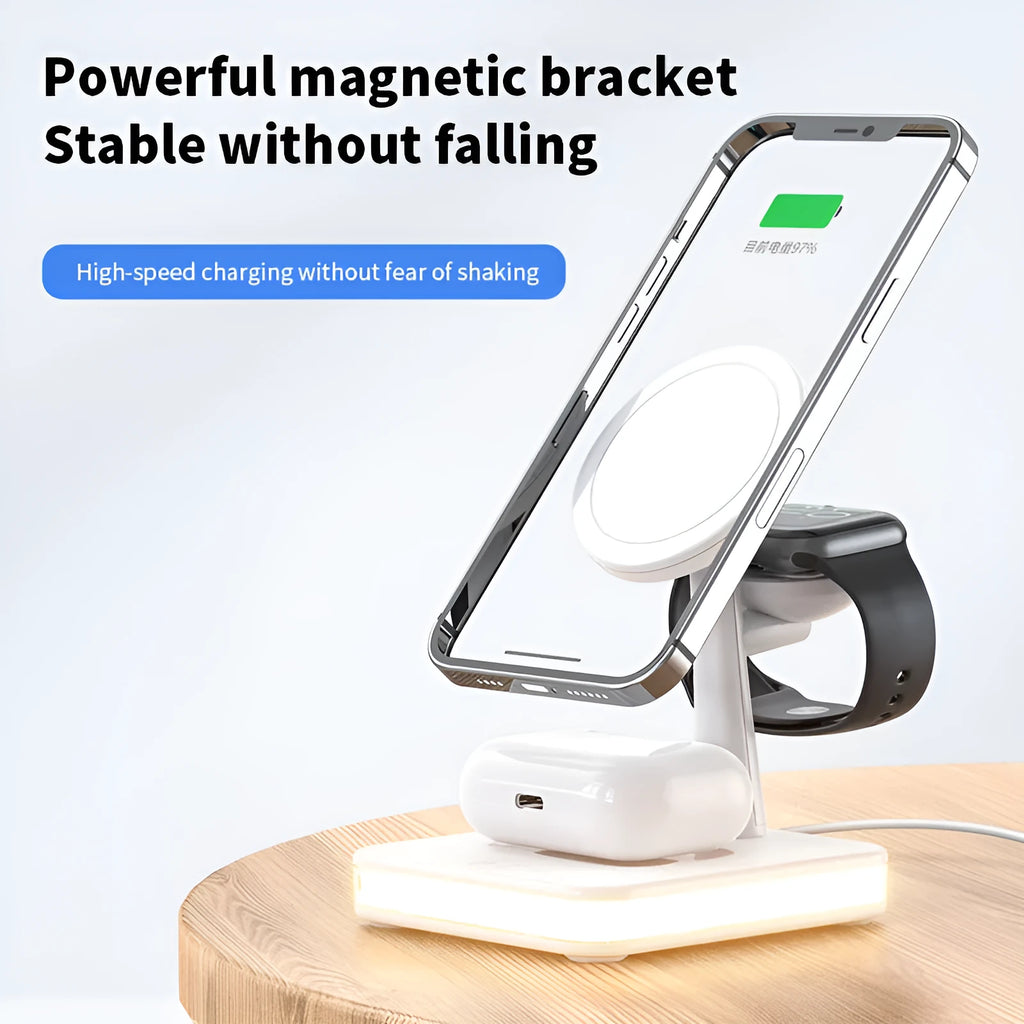 Three-in-one wireless charger magnetic bracket in black with UK plug, charging phone, watch, and headphones