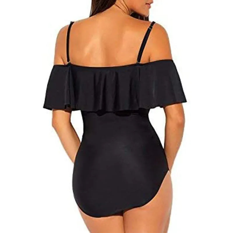 Black one-piece swimsuit with cut-out sides and ruffled strap tube top design