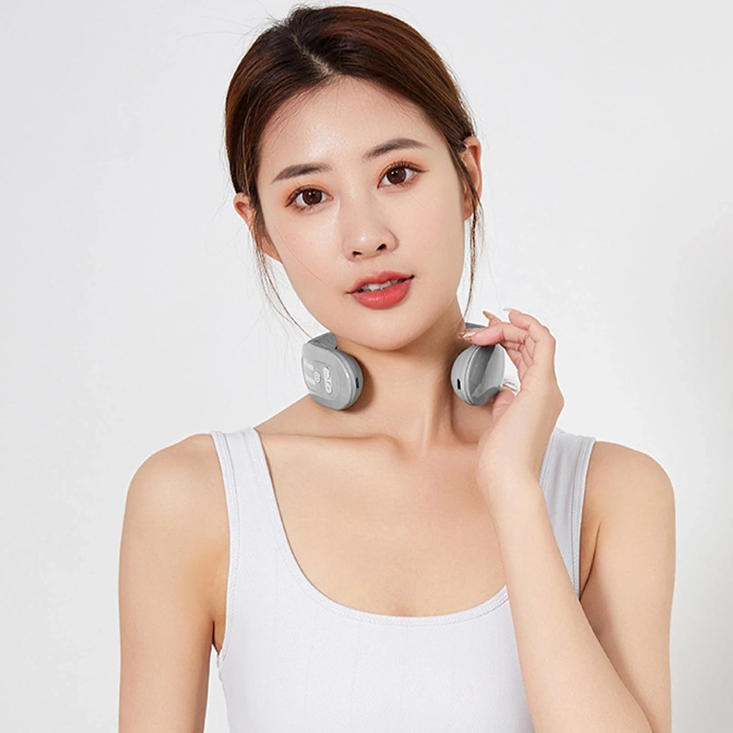 EMS Neck Massager with heat function in gradient blue, showing ergonomic design