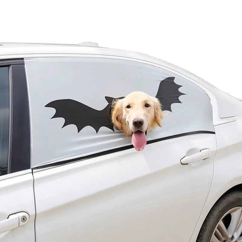 Grey polyester car sun shade with bat pattern and dog head hole on car window