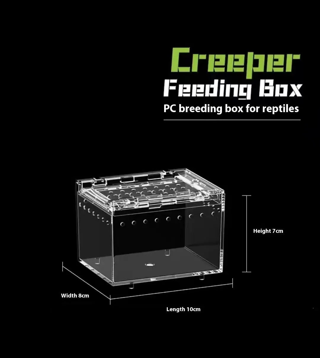 Transparent acrylic reptile feeding box showing dimensions and clear construction for crawler pets