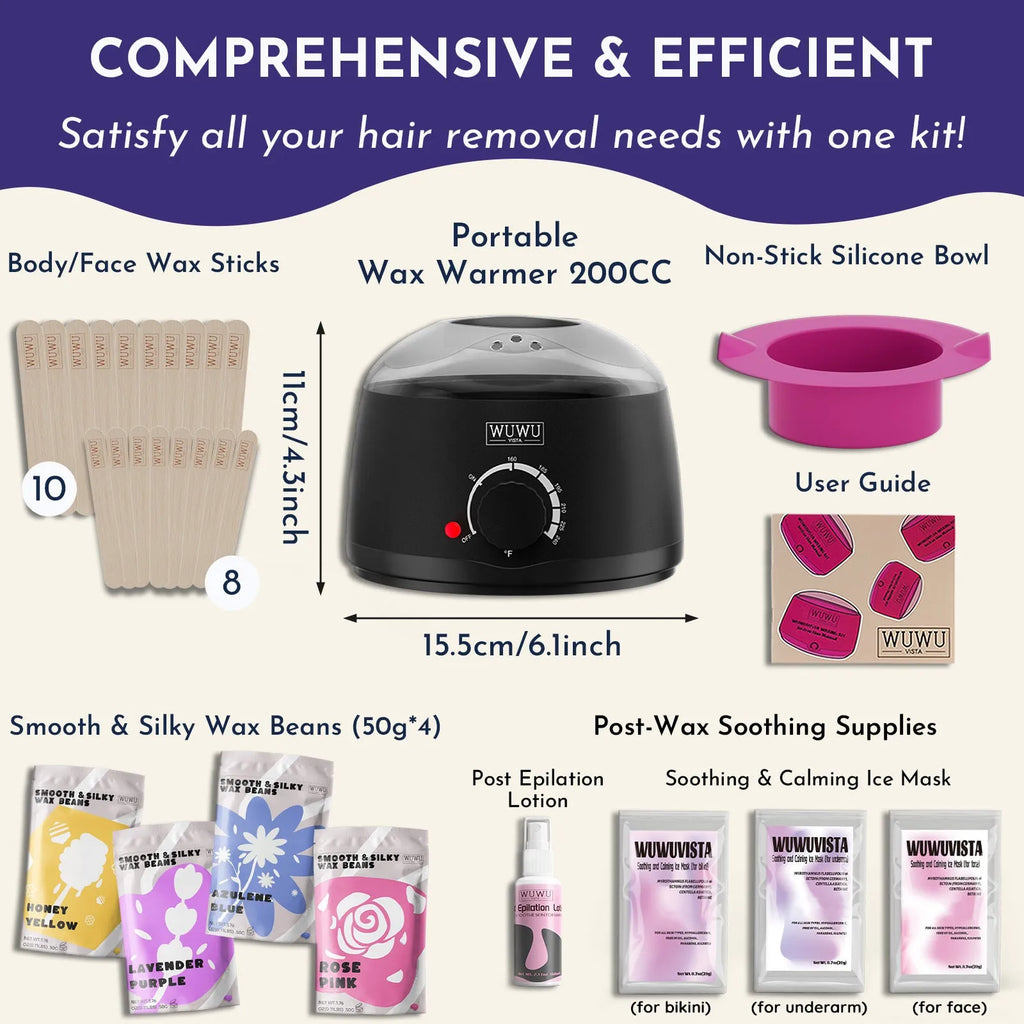 Hard wax hair removal kit with black wax warmer, wax beans, applicator sticks, and aftercare products