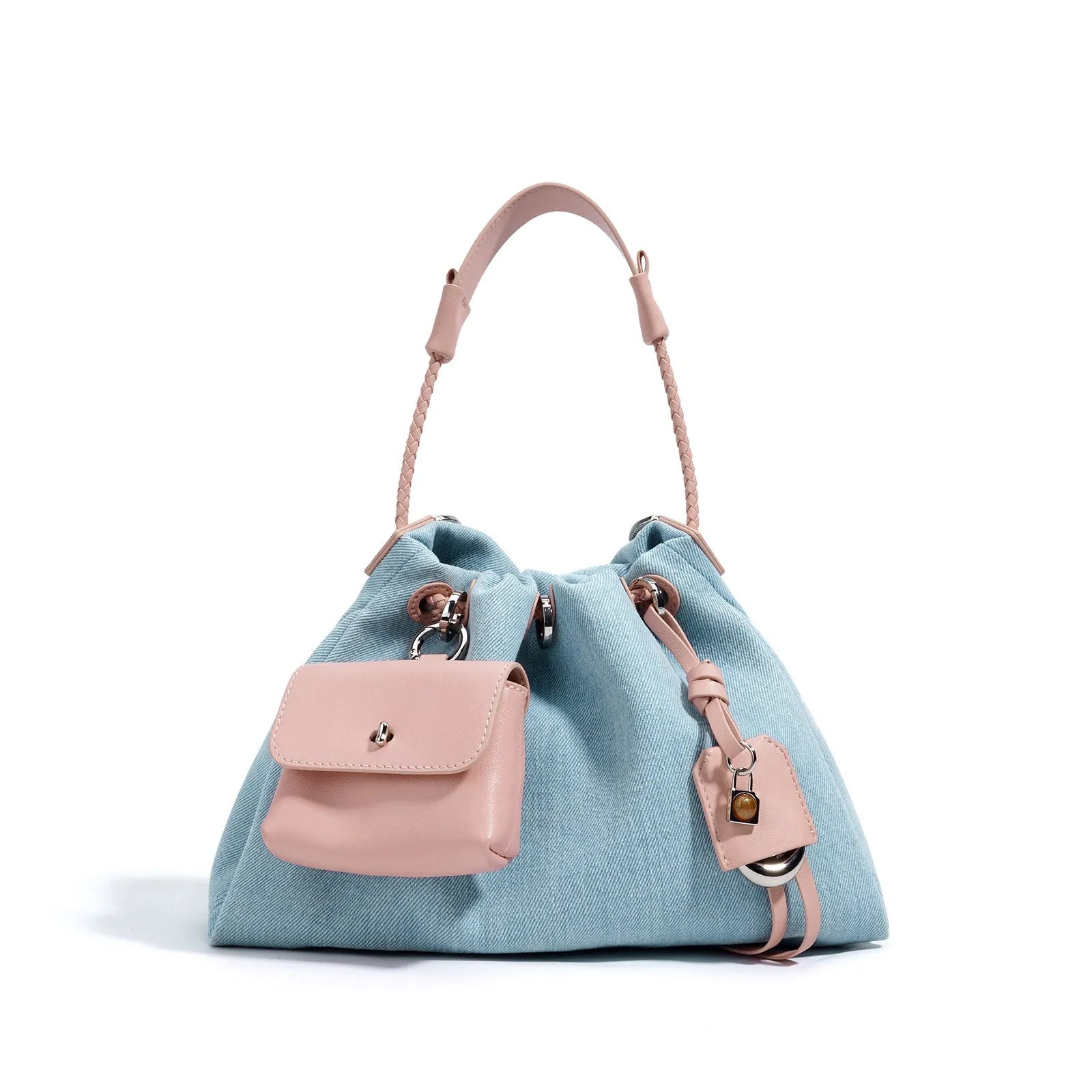 Denim oval handbag with open pocket, 29x20x12cm, urban simplicity style, blue option