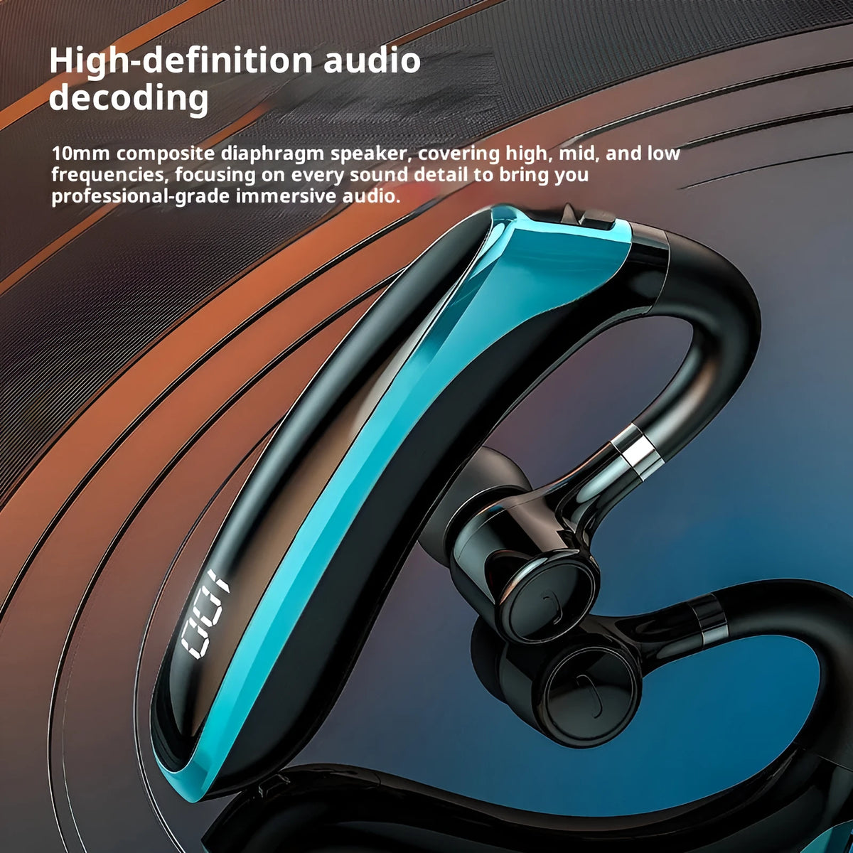 High-gloss black ear-mounted bone conduction sports Bluetooth headset with digital display and breathing light on ear hook