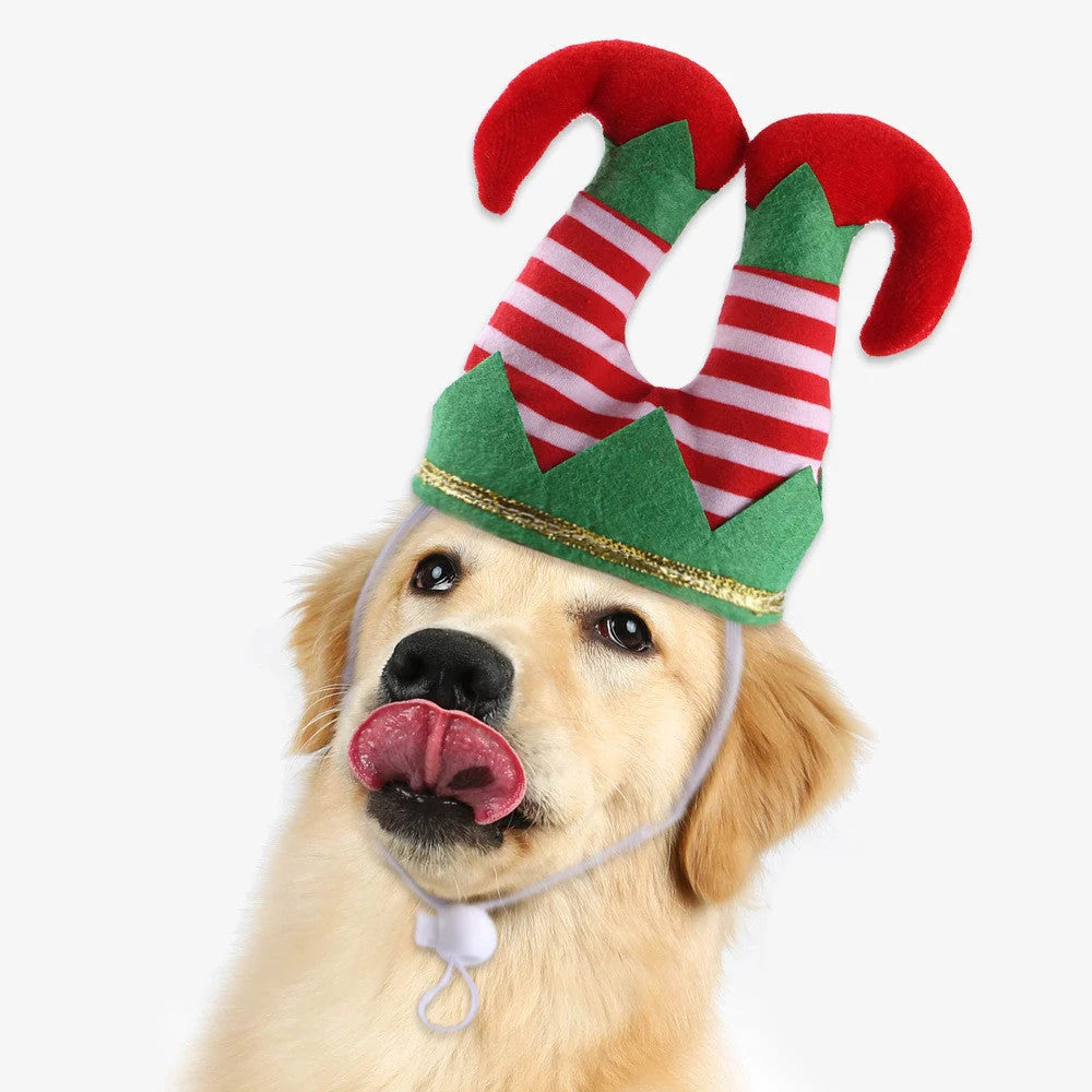 Adjustable Christmas hat for dogs with striped design, soft flannel lining