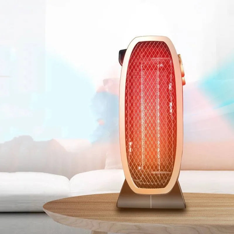 White and black gold portable electric fan heater with mechanical control knobs on the front.