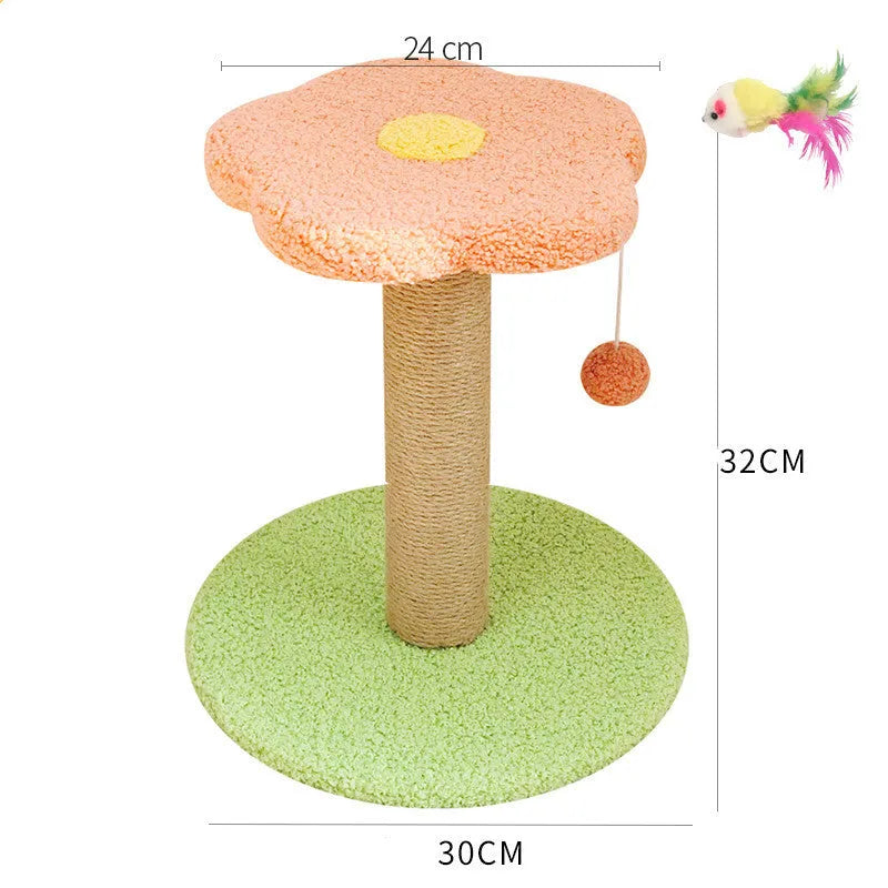 Cat scratcher with sisal winding, solid wood bottom, and teasing toys in pink love colour option