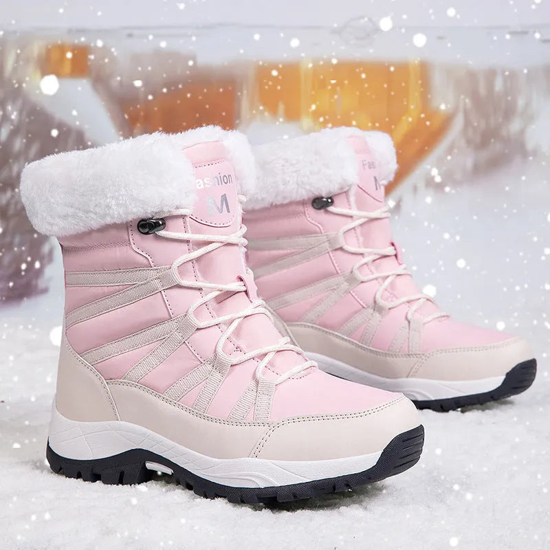 Women's warm mid-calf fleece-lined thick cotton snow boots with synthetic leather upper, rubber outsole, front laces, flat heel
