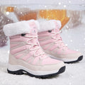 Women's warm mid-calf fleece-lined thick cotton snow boots with synthetic leather upper, rubber outsole, front laces, flat heel