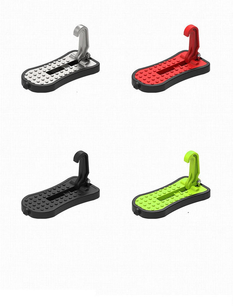 Universal car foot assist pedal in aluminium alloy, available in silver, black, red, and green.