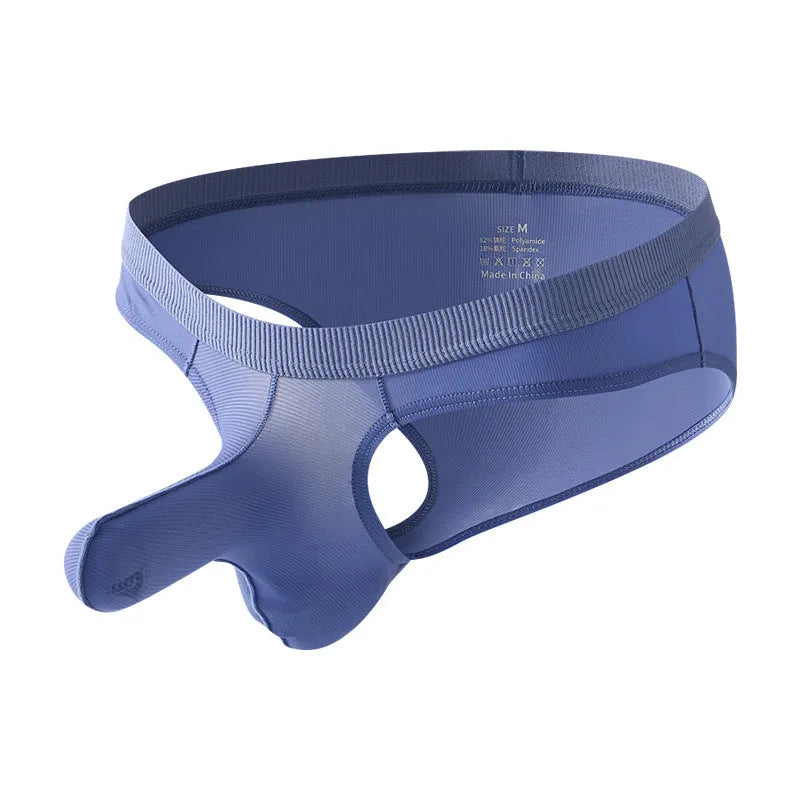 Men's low waist briefs underwear in ice silk nylon fabric on a colour swatch showing black, grey, purple blue, light green and pink.