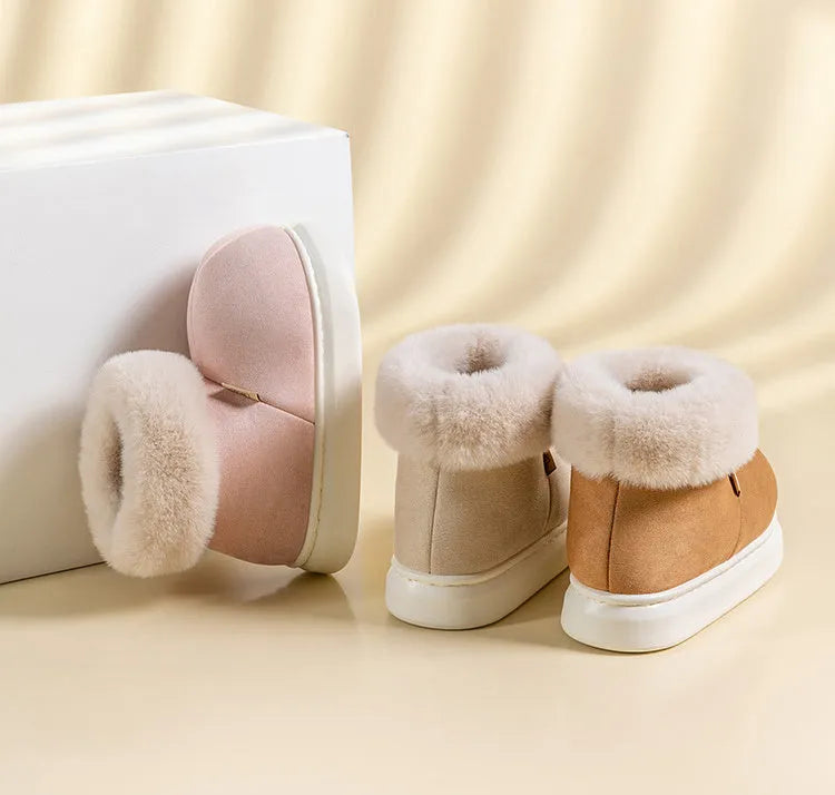 Beige women's winter ankle boots with plush upper, thick EVA sole, and round toe