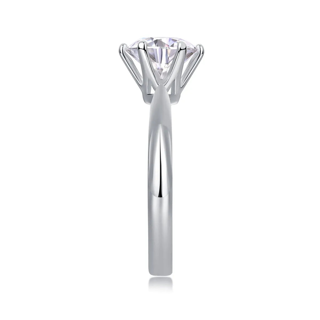 Classic six-prong moissanite wedding ring in S925 silver with platinum plating, GRA certified, 1-5 carat options