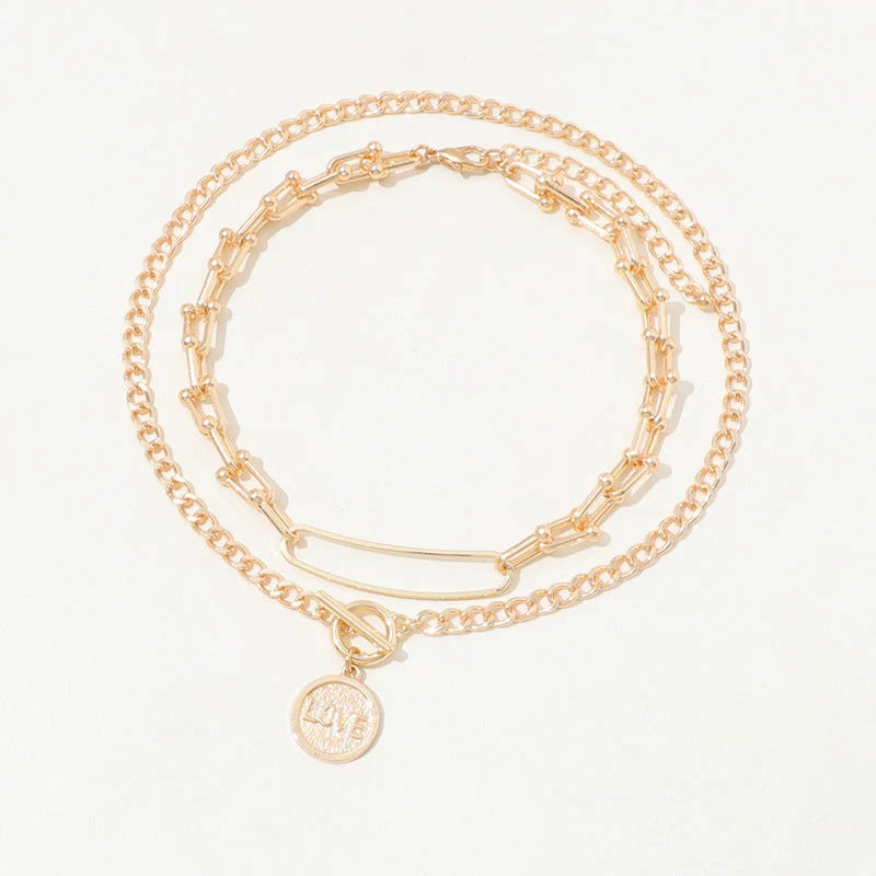 Retro U-shaped double-layer metal chain tag necklace with sparkling rhinestone pendant