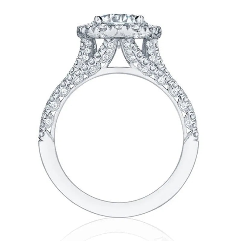 Copper ring with full diamond zircon inlay, gold-plated, white gold colour, size 7