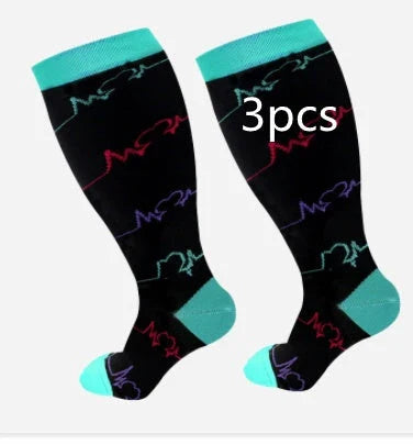 Plus-size compression socks in various stylish patterns for improved leg health and comfort