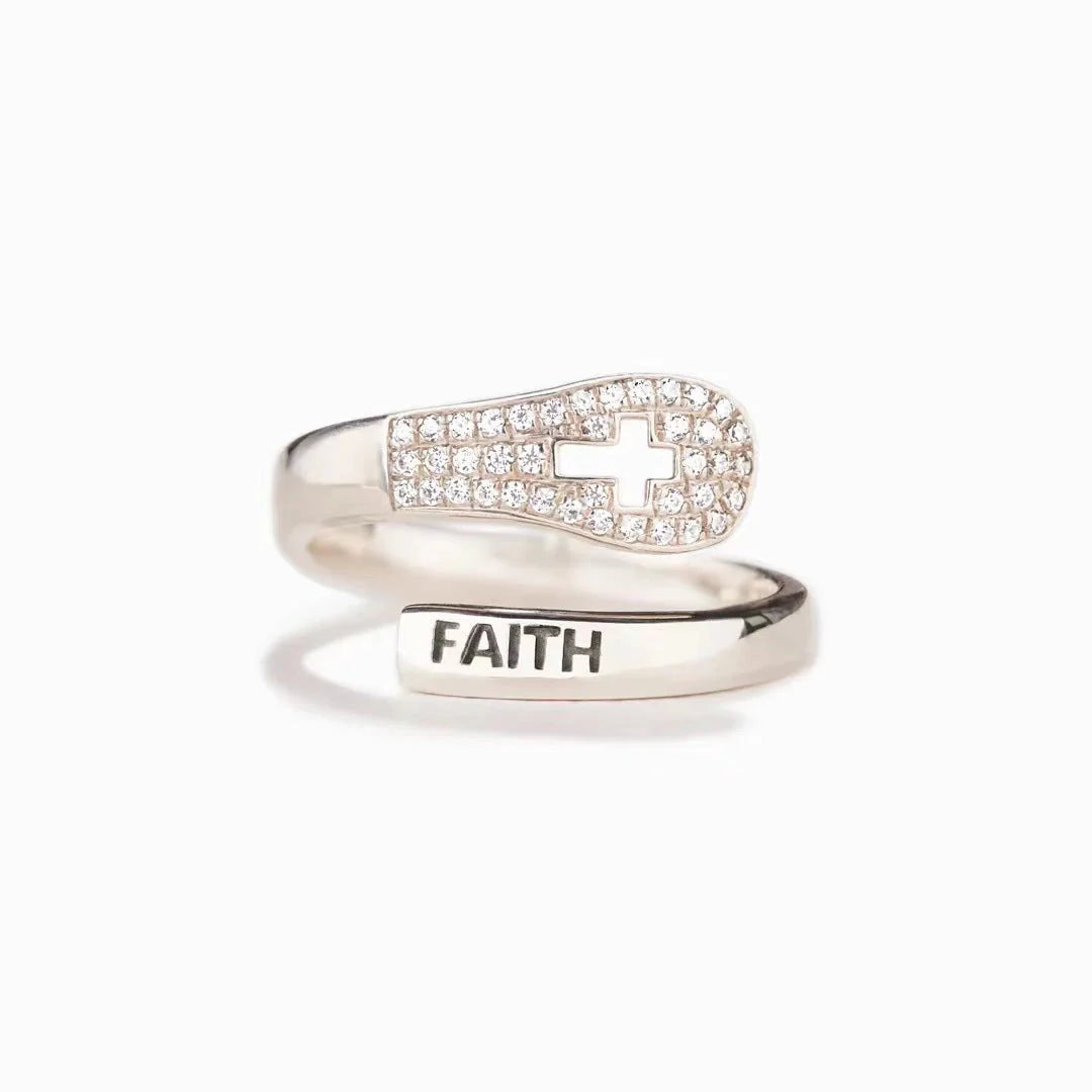 S925 Sterling Silver Faith Cross Zircon Ring in platinum color, showcasing Korean style elegance and faith symbolism.