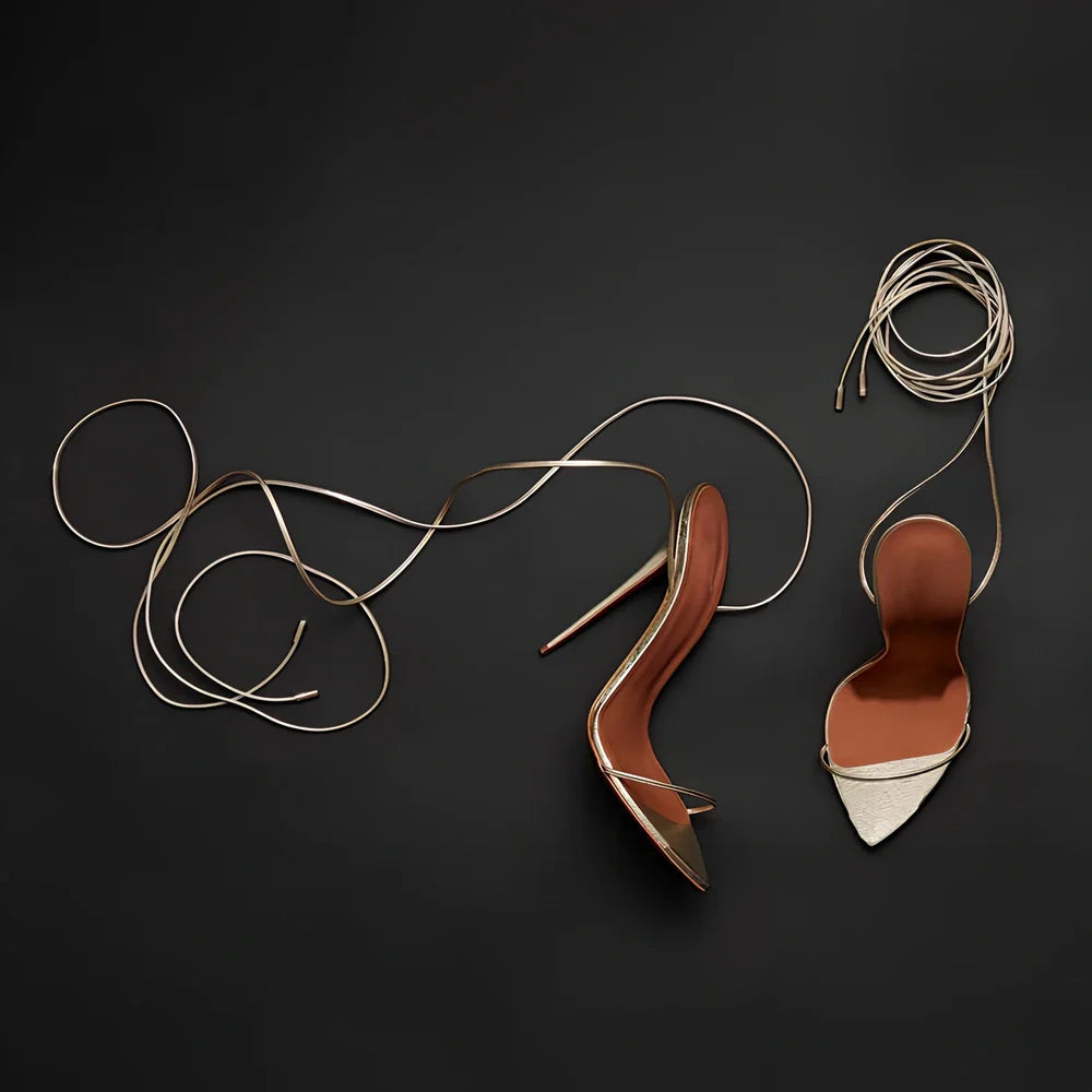 Golden women's ankle strap stiletto sandals with pointed toe, 8 cm heel, rubber sole, sizes 34-46