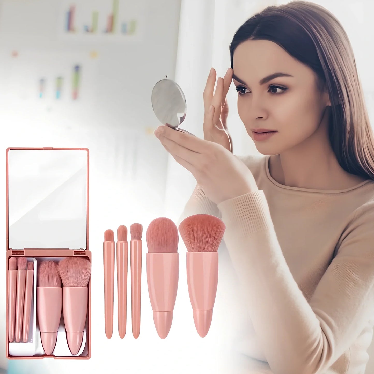 Pink 5-piece makeup brush set with mirror showing powder, foundation, blush, and eye brushes
