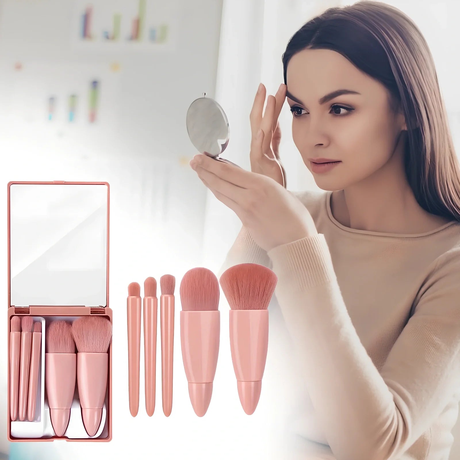Pink 5-piece makeup brush set with mirror showing powder, foundation, blush, and eye brushes
