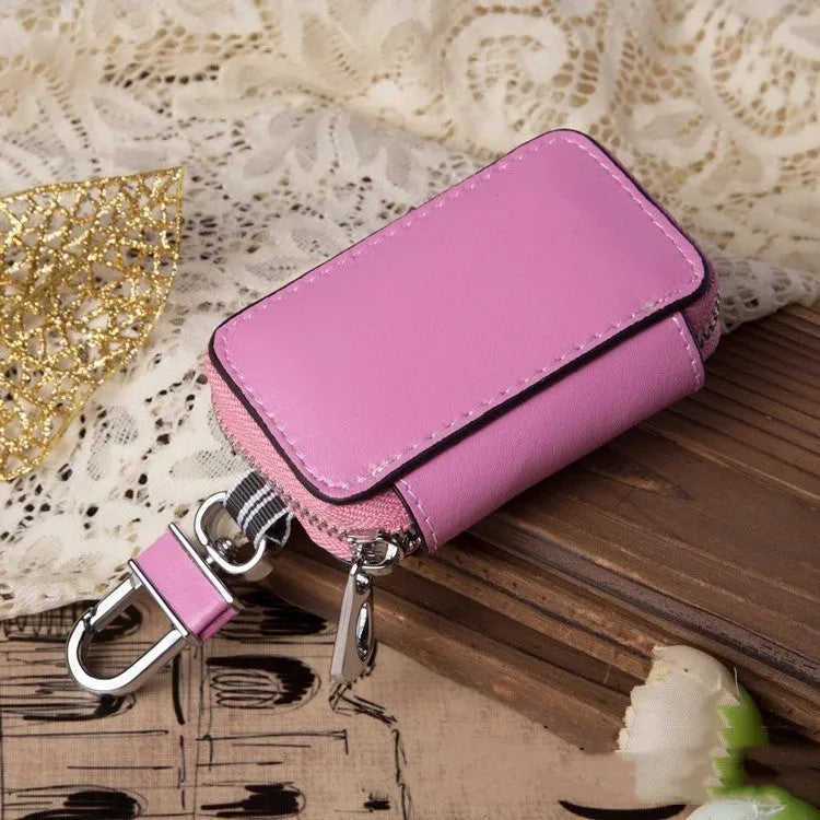 White genuine leather square car key case with plain weave texture, shown with dimensions.
