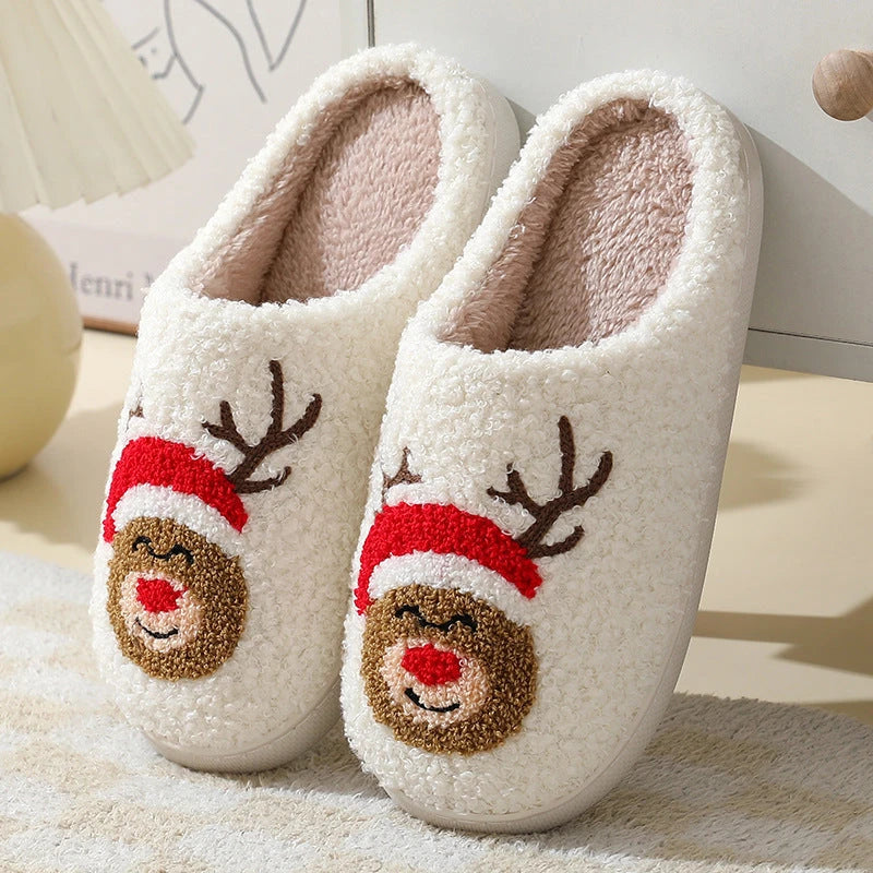 Cozy Christmas home slippers with festive designs, including Santa Claus, Moose, and Gingerbread Man patterns