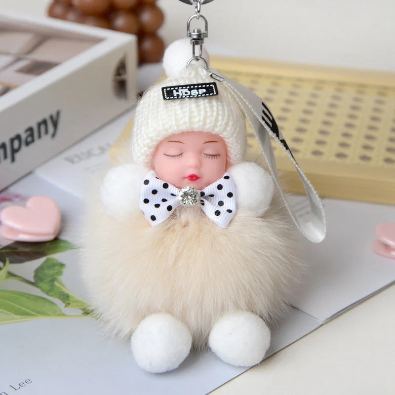 Hand-woven fox fur sleeping doll plush keychain pendant with or without bow