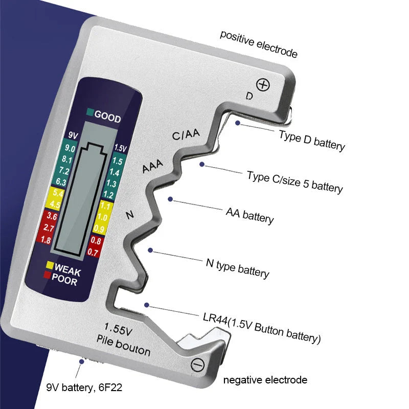 Universal digital battery tester for AA, AAA, 9V, and button cells with LCD display