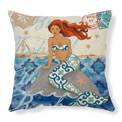 Decorative throw pillow covers featuring various marine-inspired designs like sea turtles, whales, octopus, and more on a linen background