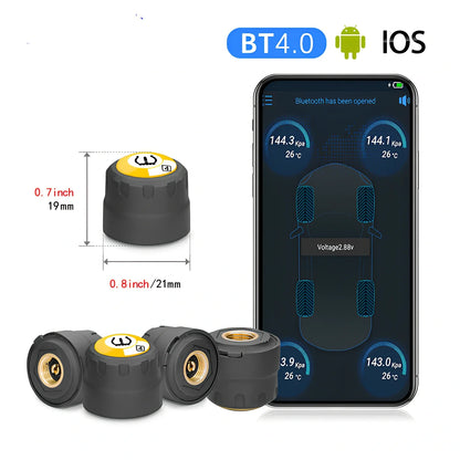 Bluetooth external tyre pressure monitor JVC11-B attached to car valve, showing smartphone app alert for 2.3 bar reading