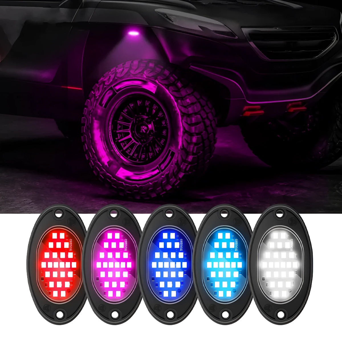 12V car LED chassis ambience light in ABS housing with five colour options on a dark vehicle underside
