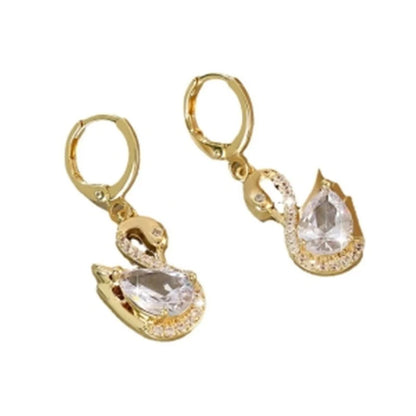 Sweet Rhinestone Swan Earrings in gold, green, and suit colours, showcasing unique design and sparkle.