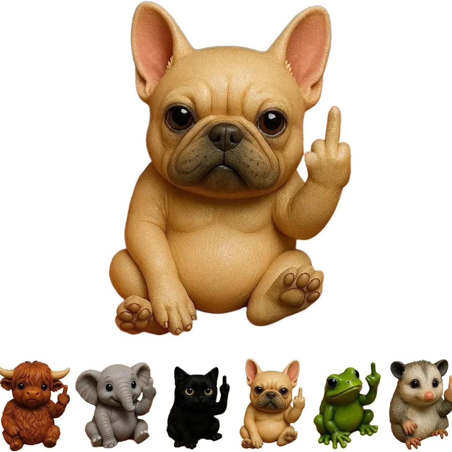 Mini animal vertical middle finger doll resin ornament showing cat, dog, elephant, frog, Highland cattle, mouse, turtle character options