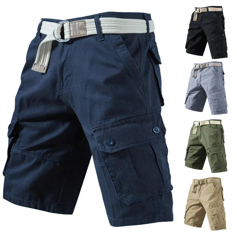 Men's cotton polyester cargo shorts in army green with multiple pockets and loose fit design