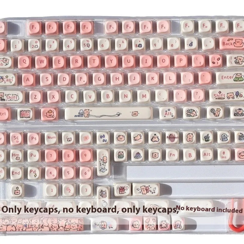 Close-up of a pink PBT key cap with a detailed Fragrant Pig design, showing five-sided sublimation printing.