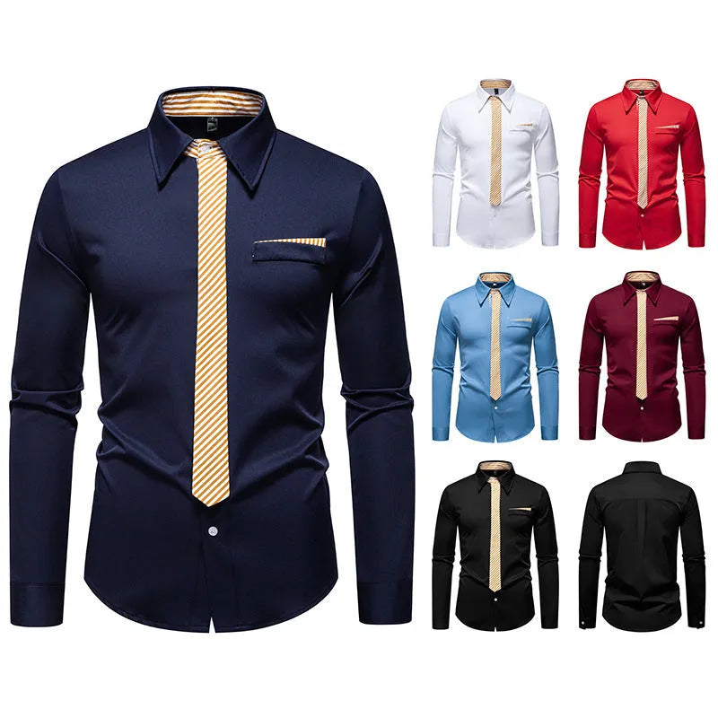 Men's polyester slim fit long-sleeved casual shirt in bright red, front view