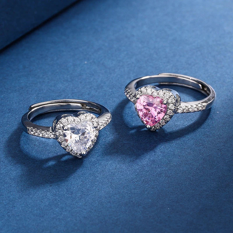 Micro-encrusted zircon diamond heart-shaped ring for women with adjustable opening