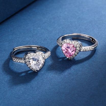 Micro-encrusted zircon diamond heart-shaped ring for women with adjustable opening