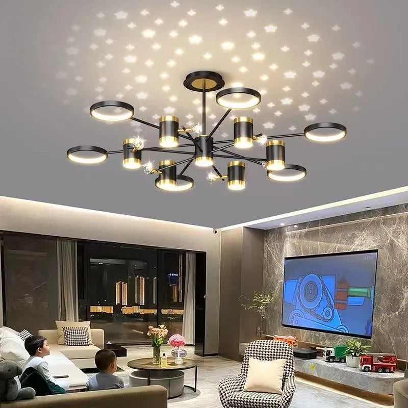Black iron pendant chandelier with 13 lamp heads and adjustable height ceiling mount